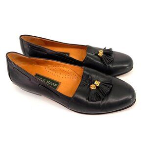 Cole Haan Black Leather Tassel Loafers with Gold Accents